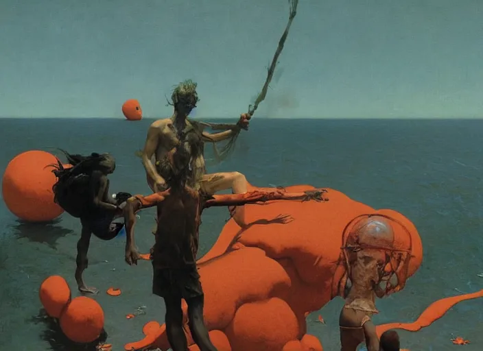 Image similar to a still from the movie cast away by francis bacon and norman rockwell and james jean, and mark brooks, triadic color scheme, by greg rutkowski, syd mead and edward hopper and norman rockwell and beksinski, dark surrealism, orange and turquoise