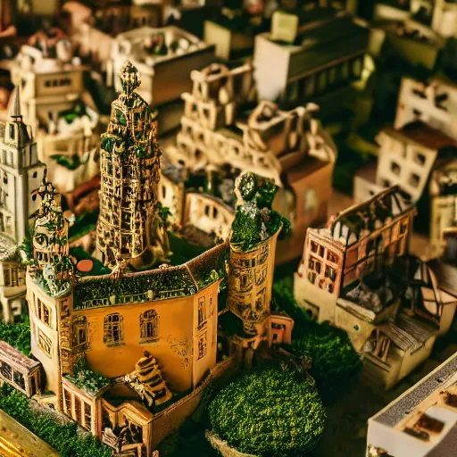 Image similar to macro photo of a miniature secret hidden world with tiny buildings and people inside of a croquembouche