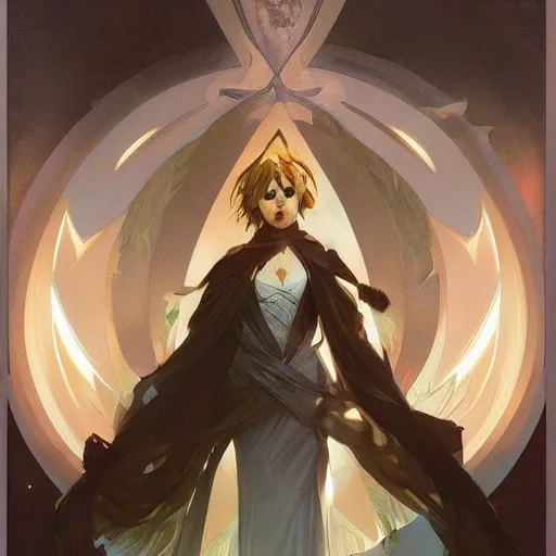 Image similar to the star tarot card, elegant, dramatic lighting, graphic art, volumetric lighting, sharp focus, detailled, by Krenz Cushart and Artem Demura and Alphonse Mucha