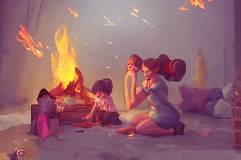 Image similar to a crazy housewife hurries up to pack daughter's things, surrounded with fire, clothes are flying around, digital art, trending on artstation