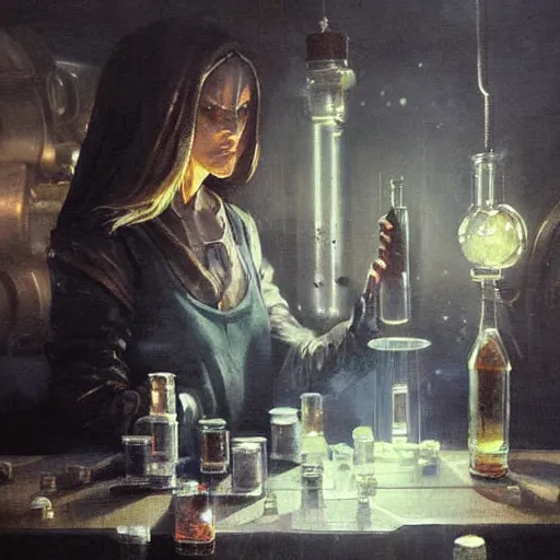 Image similar to fantasy alchemist working in laboratory, oil painting, by Greg Rutkowski