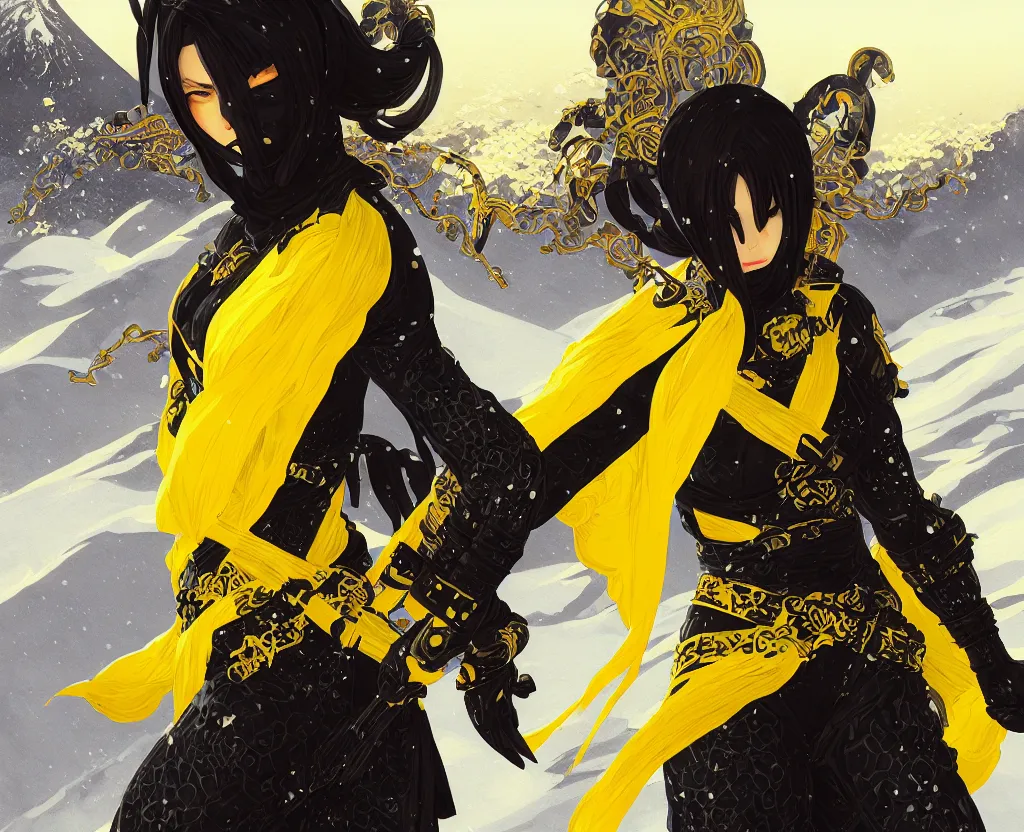 Image similar to portrait ninja gaiden girl, black and yellow ninja wardrobe, at snowy fuji mountain sunrise, ssci - fi and fantasy, intricate and very very beautiful, detailed, digital painting, artstation, concept art, smooth and sharp focus, illustration, art by tian zi and wlop and alphonse mucha