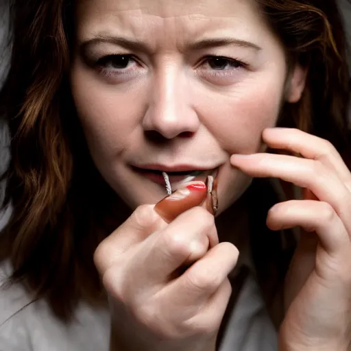 Prompt: a masterpiece portrait photo of an older man biting nails, mary elizabeth winstead symmetrical face