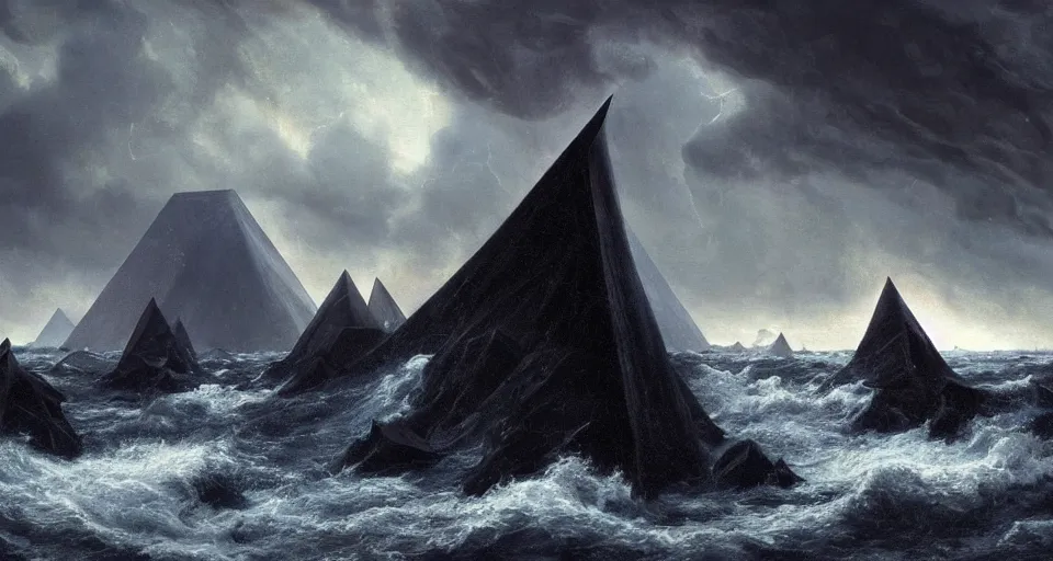 Image similar to black lovecraftian eldritch!! obsidian pyramid!! on a snowy island surrounded by raging stormy seas by eugene von guerard, ivan shishkin, night, red lightning!!, storm, dramatic lighting, concept art, trending on artstation, 8 k