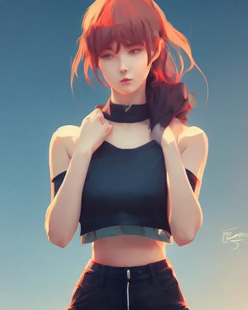 Image similar to a beautiful model in crop top, by guweiz and wlop and ilya kuvshinov and artgerm, symmetrical eyes, aesthetic, gorgeous, stunning, alluring, attractive, artstation, deviantart, pinterest, digital art