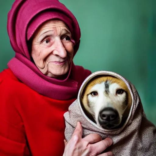 Prompt: portrait of a babushka with pet miniature johnoliver