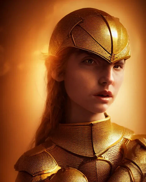 Image similar to award winning photograph portrait of woman in shining golden armor, photorealistic, shaded, cinematic lighting, high production value, intricate details, high resolution, hdr, high definition, masterpiece, realistic, ultrarealistic, highly detailed, hd, sharp focus, non blurry, sharp, smooth