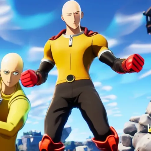 Image similar to one punch man in fortnite, character render, full body shot, highly detailed, in game render