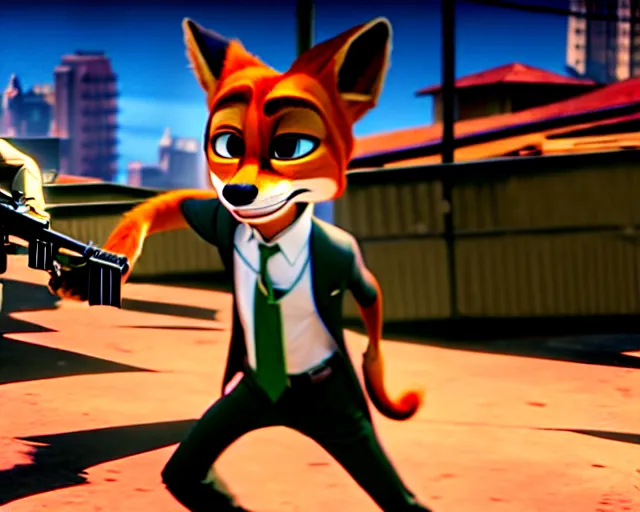 Image similar to nick wilde as max payne 3 set in gritty neo - noir zootopia, gun battle through the favela / furvela