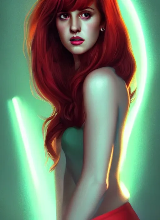 Image similar to full body portrait of teenage cheryl blossom, bangs, green eyes, sultry expression, red hair, sultry smirk, bangs and wavy hair, bangs, intricate, elegant, glowing lights, highly detailed, digital painting, artstation, concept art, smooth, sharp focus, illustration, art by wlop, mars ravelo and greg rutkowski