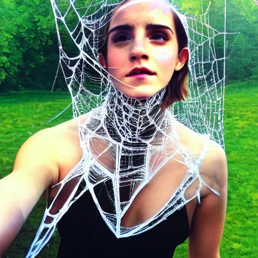 Image similar to emma watson hanging and trapped in a giant spider web with face - covered