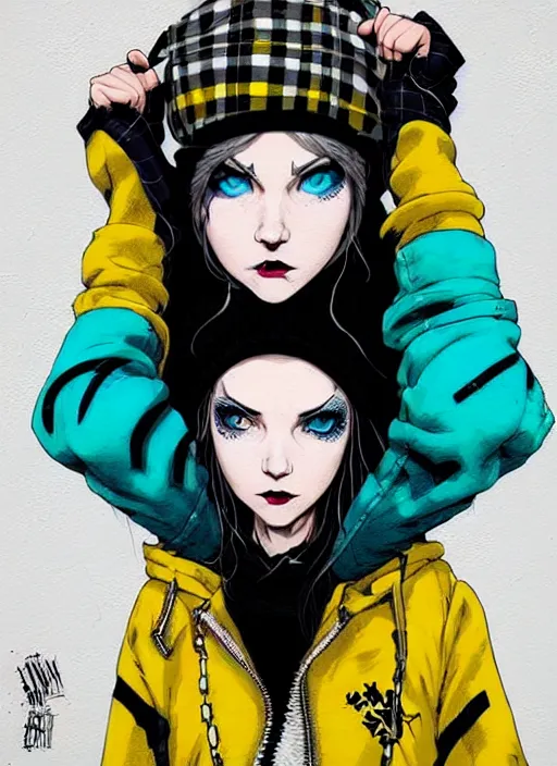 Prompt: highly detailed portrait of a sewer punk lady student, blue eyes, tartan hoody, hat, white hair by atey ghailan, by greg tocchini, by kaethe butcher, by alex horley, by bruce timm, gradient yellow, black, brown and cyan color scheme, grunge aesthetic!!! ( ( graffiti tag wall ) )