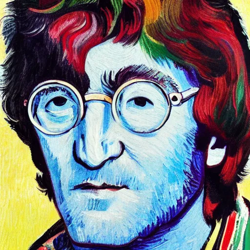 Prompt: an artistic portrait of john lennon, peaceful, friendly, high quality, studio photography, colorful, hero, heroic, beautiful, in the style of vincent van gogh