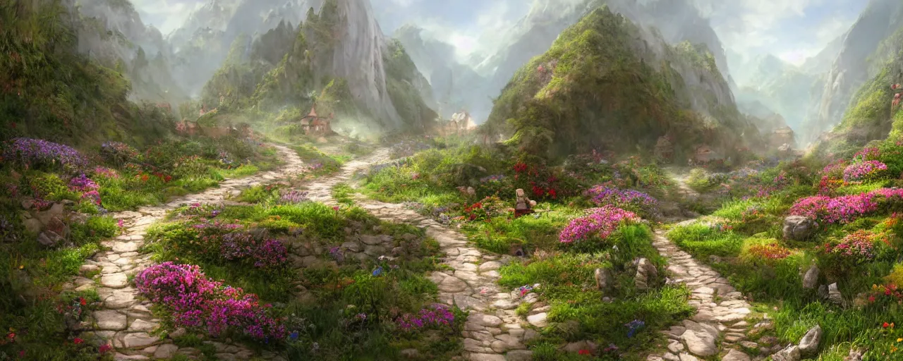 Prompt: path_that_leads_thru_the_valley_of_flowers_to_the_fairy_village_up_in_the_mountains__from_a_childrens_illustration_storybook__3d_concept_art_matte_painting_cgsociety