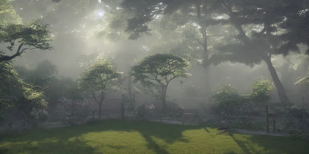 Prompt: i, a detailed Japanese yard in the morning mist with sunshine, 8k, high definition, trending on artstation