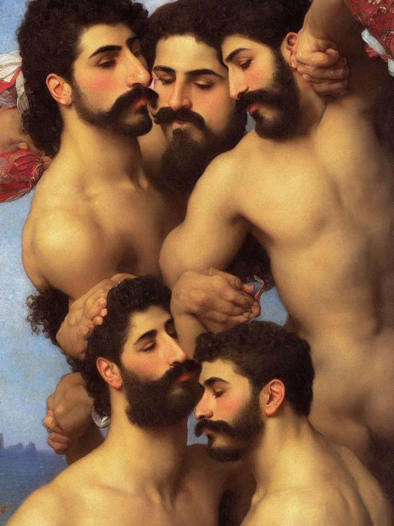 Image similar to close up portrait of 20 years old muscular persian iranian wrestlers handsome men with a mustache kiss, by Bouguereau and victor Nizovtsev