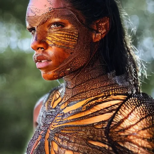 Image similar to brown woman wearing a translucent dragonfly armor. intricate. super detailed. layered. textured. award winning. dispersion of light. refracted lighting. soft. fragile.