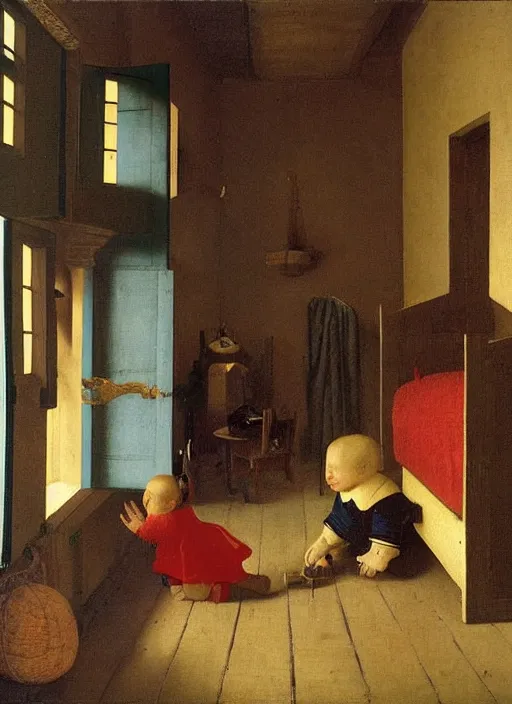 Image similar to cozy children room with toys, there was a crib with very high barred sides against the wall. The boy was holding a toy in his hands, apparently fiddling with it, medieval painting by Jan van Eyck, Johannes Vermeer