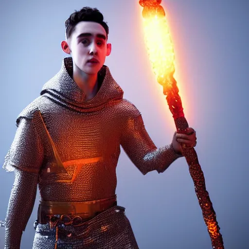 Prompt: Olly Alexander wearing a chainmail tunic holding a glowing fire magical staff. Trending on Artstation, octane render, ultra detailed, art by Ross tran