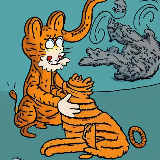 Prompt: jon arbuckle as a lovecraftian monster petting garfield the cat