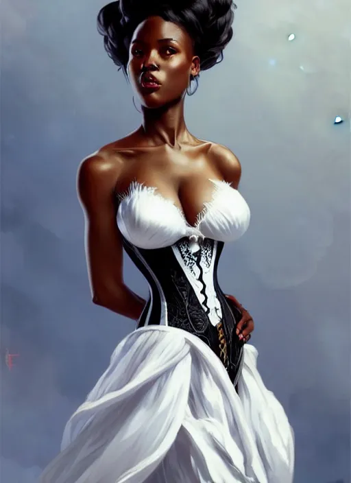 Image similar to cute black woman wearing a white corset dress, fantasy, intricate, highly detailed, digital painting, artstation, concept art, wallpaper, smooth, sharp focus, illustration, art by artgerm and greg rutkowski and alphonse mucha