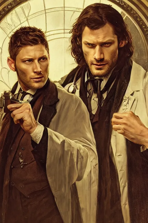 Prompt: a detailed matte portrait of jensen ackles holmes and jared padalecki as doctor watson, masterpiece, 8 k, art by alphonse mucha and greg rutkowski