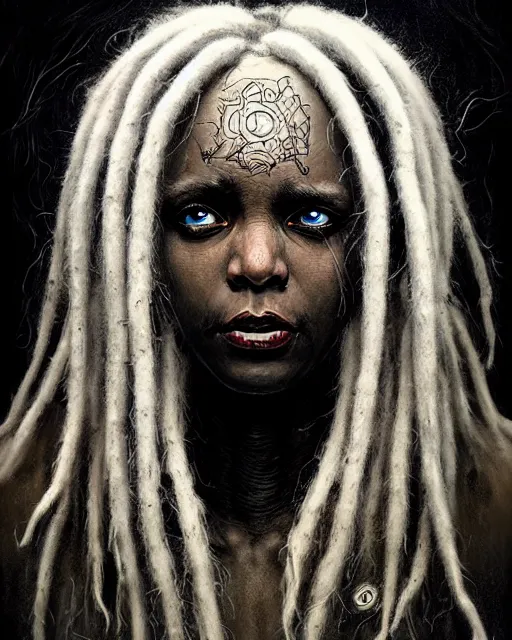 Image similar to sojourn from overwatch, dreadlocks, white hair, african canadian, character portrait, portrait, close up, concept art, intricate details, highly detailed, horror poster, horror, vintage horror art, realistic, terrifying, in the style of michael whelan, beksinski, and gustave dore