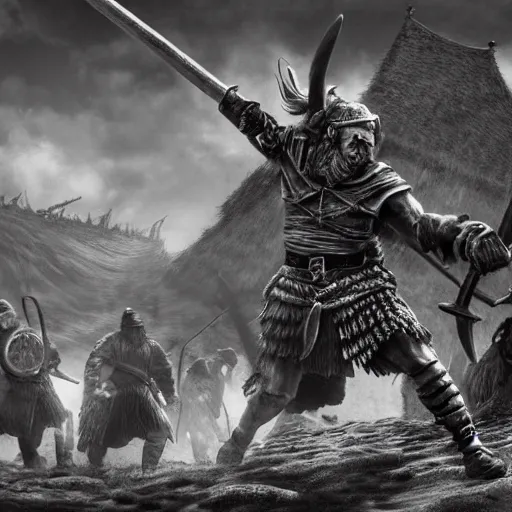 Image similar to vikings plunder the village in the style of kentaro miura, 4 k, 8 k, absolute detail of even the smallest details and particles, beautiful shadows, beautiful art, black and white drawing