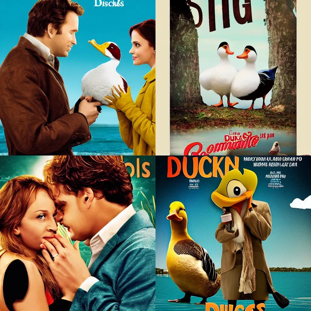 Prompt: poster for romantic comedy movie about ducks