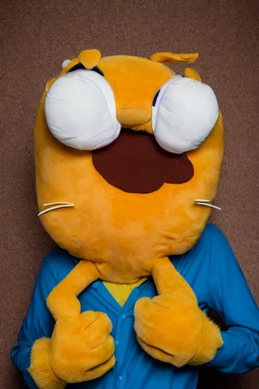 Prompt: portrait of Jacksfilms dressed in Garfield costume, starring in live-action adaptation of the comics, cosplay photograph,