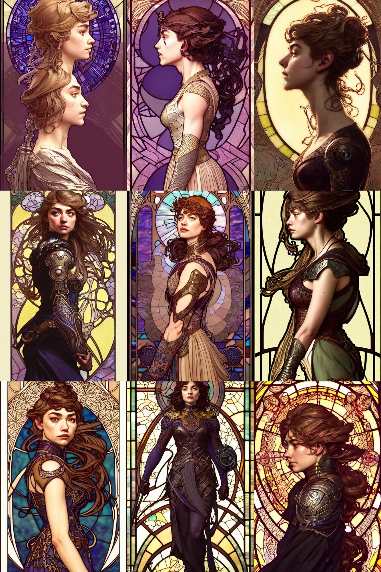 Prompt: full - body side profile portrait, imogen poots paladin, by artgerm, cushart krenz, greg rutkowski. art nouveau stained glass by mucha. gloomhaven. swirly intricate glass linework background. gaudy colors, sharp edges. ultra clear detailed. 8 k. elegant. octane render