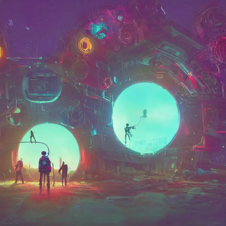 Image similar to a circle portal structure floating in outer - space, person wearing a backpack, cyberpunk, epic surrealism, indigo, bright red, purple, cyan, lime green, detailed digital matte painting in the style of simon stalenhag and painting by ralph mcquarrie