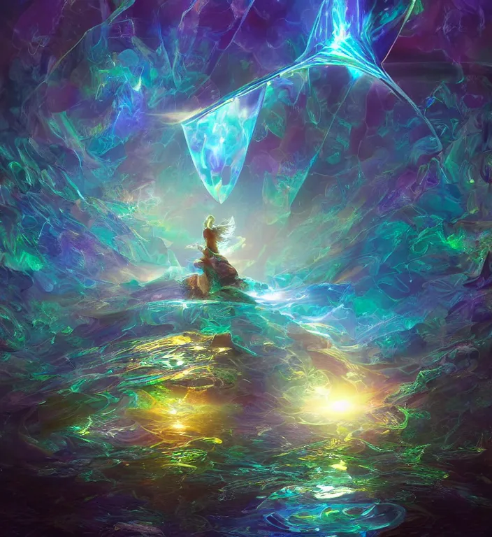 Image similar to a magical and exquisite fantasy illustration of a faceted crystal ball fractal in water + prism + god rays + dramatic lightning + backlit + specular highlights + ambient occlusion + global illumination + bump map + reflective + caustics + refractive + unreal engine 5 + DOF + sharp focus, digital artwork by Dan Mumford + Peter Mohrbacher + Ash Thorp