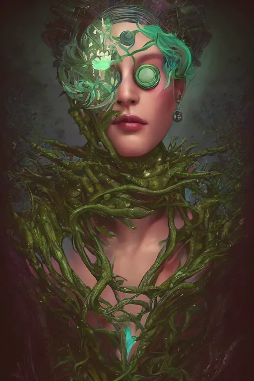 Image similar to digital portrait of an eloquent alien plant queen, straight on, full body character concept art, concept art, by artgerm, tom bagshaw, gerald brom, vaporwave colors, lo fi colors, vaporwave, lo fi, 4 k, hd, rendered with substance designer, small details,