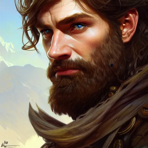 Image similar to Portrait of rugged male ranger, D&D, amber eyes, face, long hair, muscular, fantasy, intricate, elegant, highly detailed, digital painting, artstation, concept art, smooth, sharp focus, illustration, art by artgerm and greg rutkowski and alphonse mucha