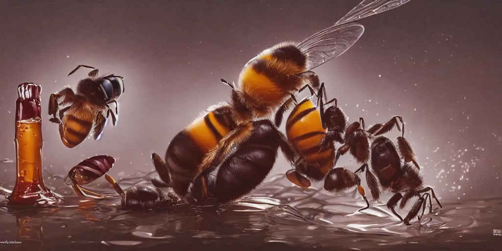 Prompt: wide angle shot of a queen bee drinking dr pepper, hd, volumetric lighting, 4 k, intricate detail, by jesper ejsing, irakli nadar