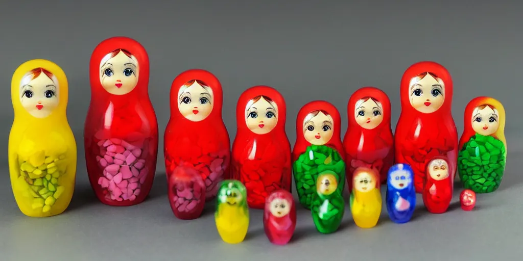 Prompt: gummy bear matryoshka doll each size a different colour, hyper real, maxwell render