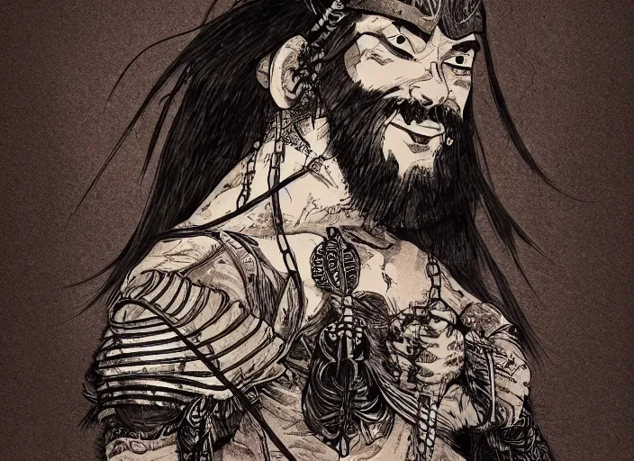 Prompt: A PORTRAIT FROM BEHIND OF A SAMURAI MAN VAGABOND WITH A MOON BEHIND HIM ,THE SAMURAI IS WRAPPED IN CHAINS, manga,detailed, studio lighting, gradation,editorial illustration, matte print, concept art, ink style tattoo sketch digital 2D