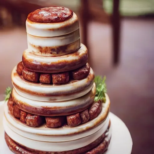 Prompt: a wedding cake made of meat and sausages with ketchup sauce. During wedding. Highly detailed 8k