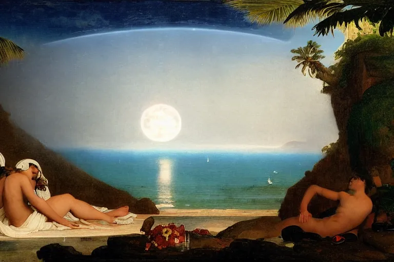 Image similar to The giant greek arch, refracted moon on the ocean, thunderstorm, greek pool, beach and Tropical vegetation on the background major arcana sky and occult symbols, by paul delaroche, hyperrealistic 4k uhd, award-winning, very detailed paradise