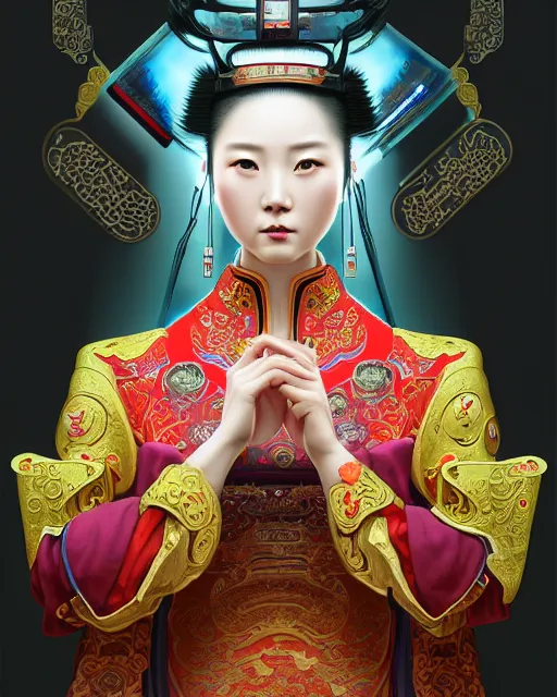 Image similar to portrait of a chinese cyberpunk machine, machine face, arms, upper half portrait, decorated with chinese opera motifs, regal, asian, fine china, wuxia, traditional chinese art intricate intense elegant 京 剧 highly detailed digital painting artstation concept art smooth sharp focus illustration, art by artgerm and greg rutkowski alphonse mucha 8 k