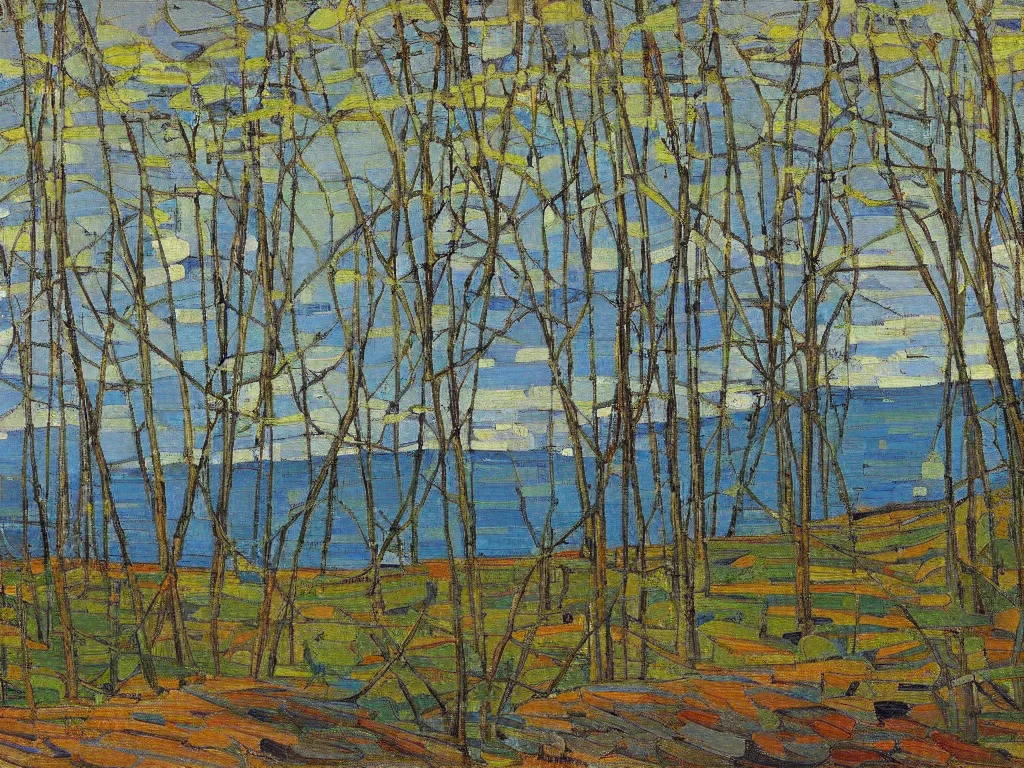 Prompt: a beautiful landscape painting by tom thomson, trending on arstation