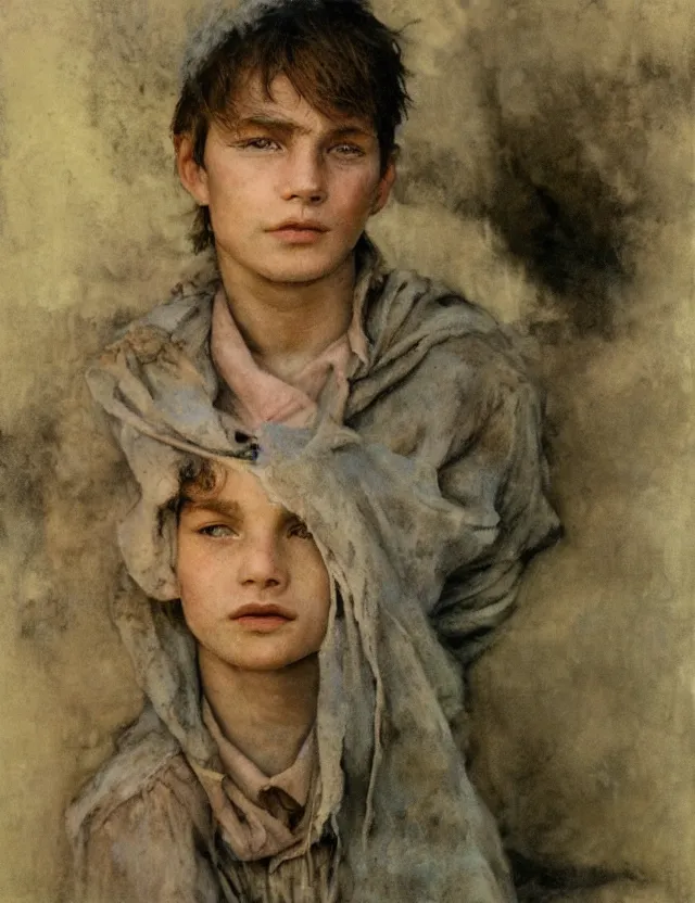 Image similar to portrait of handsome peasant boy with dirty face, cottage core, cinematic focus, polaroid photo bleached vintage pastel colors high - key lighting, soft lights, foggy, by steve hanks, by lisa yuskavage, by serov valentin, by tarkovsky, detailed, oil on canvas