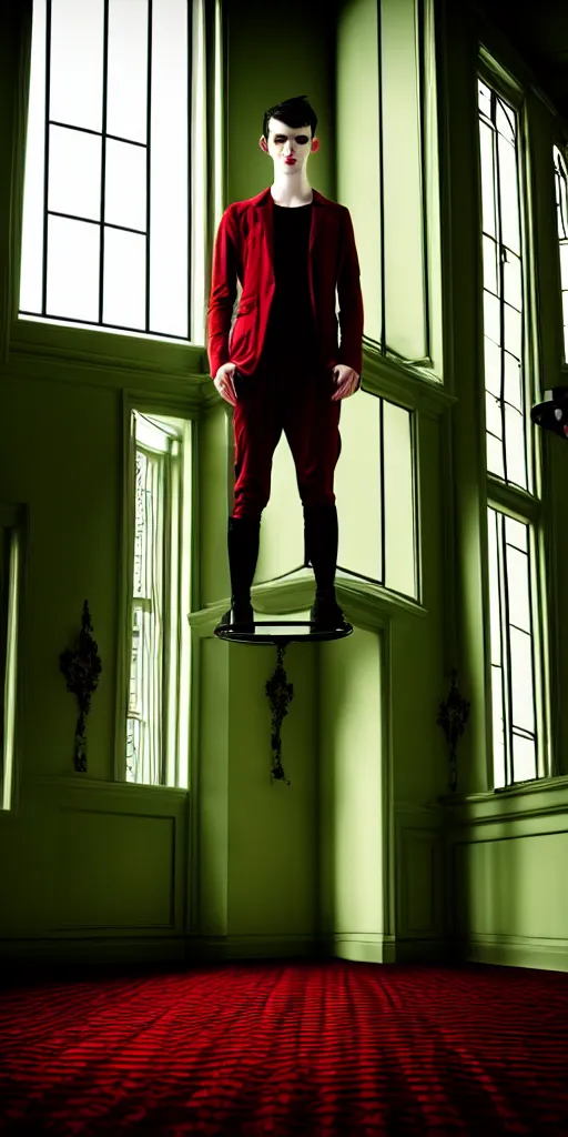 Image similar to androgynous male with black short hair and pale skin is standing in front of a mirror surrounded by victorian interior in a room with tall windows deep red curtains and moos green flooring. volumetric lighting, petspective room layout