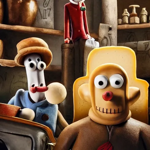 Image similar to wallace and gromit on trial for crimes against cheese, concepts art, ultra detailed, cinematic, epic