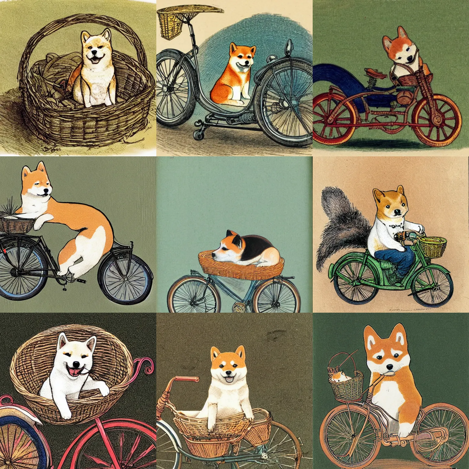 Prompt: A Shiba Inu curled up in the basket of a motorcycle, illustrated by Beatrix Potter