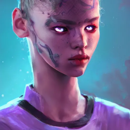 Prompt: artstation young teen with purple eyes and tiny and very thin tentacles on her head, furious, very detailed, portrait, high contrast, unreal engine 5