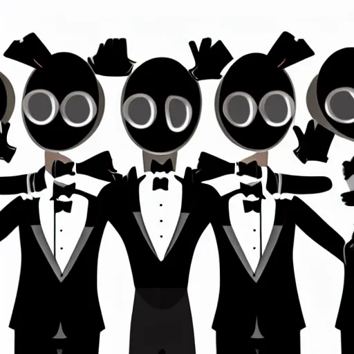 Prompt: a group of faceless humans with long limbs wearing tuxedos