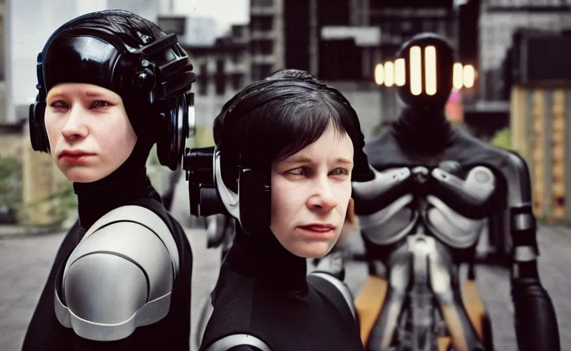 Image similar to cinestill 5 0 d photographic portrait by helen levitt of two loving female cyborgs wearing black techwear in a retrofuturist liminal office, extreme closeup, modern cyberpunk, garden terraces, 8 k, hd, high resolution, 3 5 mm, f / 3 2, ultra realistic faces, intricate detail, ex machina