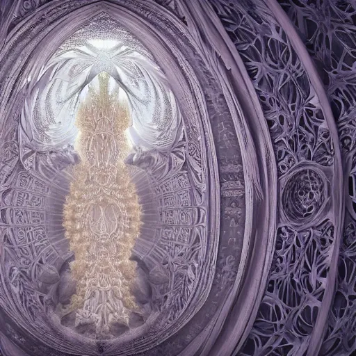 Prompt: a 3 d painting of a massive sprawling fractal cathedral exterior populated by mandelbrot fractals, unreal engine, carved soap, white, volumetric lighting, hyperrealistic, octane render, glowing, carved marble, opalescent, carved wood, depth of field, sacred geometry, religious, angelic, catholicpunk, photorealism, 8 k, ultra detailed